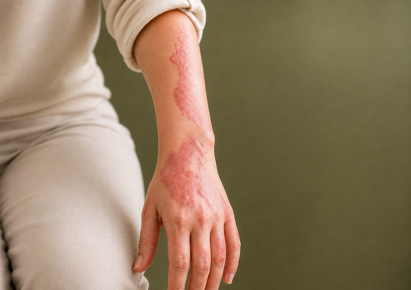 A healed burn scar on a client's forearm and hand